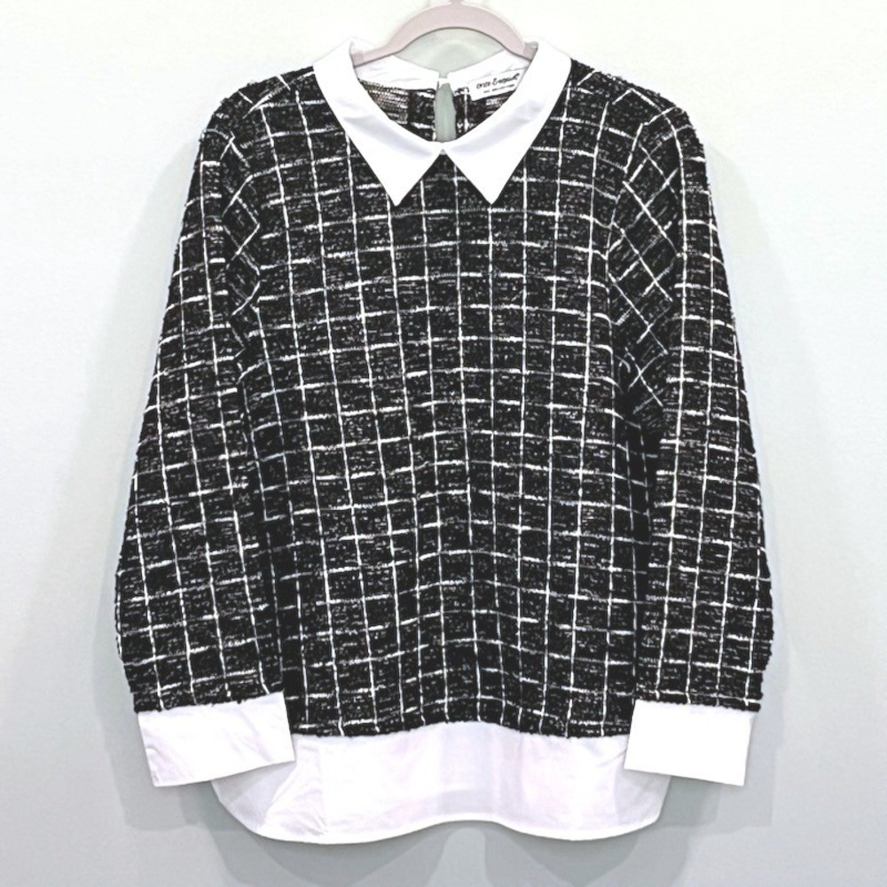 Dark Academia Preppy Classic Chic Collared Blouse Tweed Plaid Layered Top XL